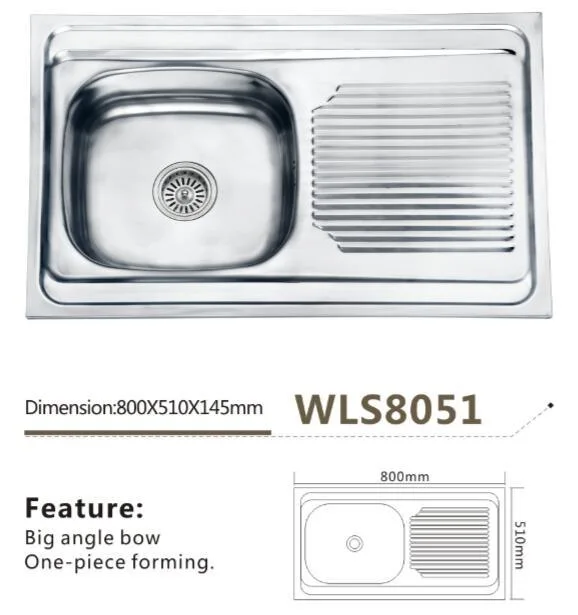 Stainless Steel Kitchen Sink Single Bowl with Drain Board Sink Wls8051