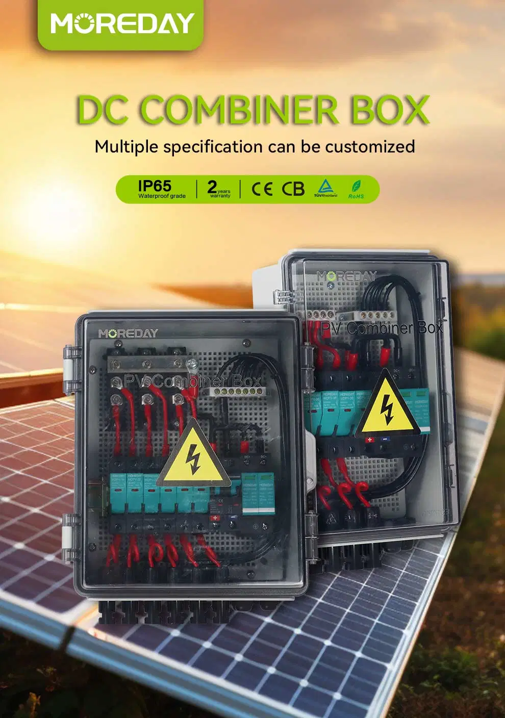 IP65 4 in 1 out 15A 4 String Solar PV Array Plastic DC Combiner Box, Mc4 Connector, Lightning Surge Protector MCB Lock Indicator