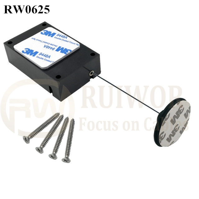 RW0625 Cuboid Ratcheting Retractable Cable Plus Pause Function and Dia 38mm Circular Adhesive Plastic Plate Connector