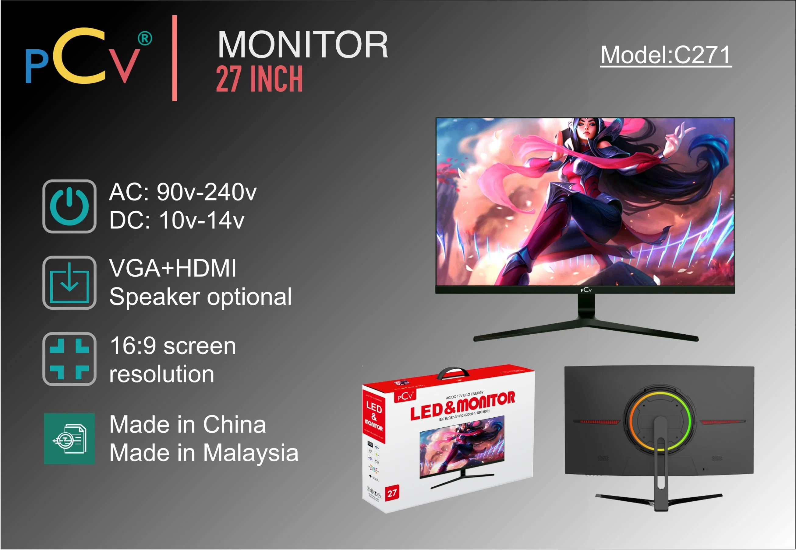 Professional Factory Wholesale 27 Inch Monitor PC Monitor TFT R1000 Computer V+H Flat CCTV LED LCD Gaming Desktop Monitor