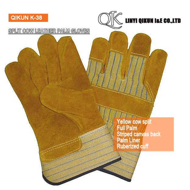 K-37 Gris Split Cow Palma completa Liner pegado Cuff Canvas Guantes de seguridad de cuero para trabajar