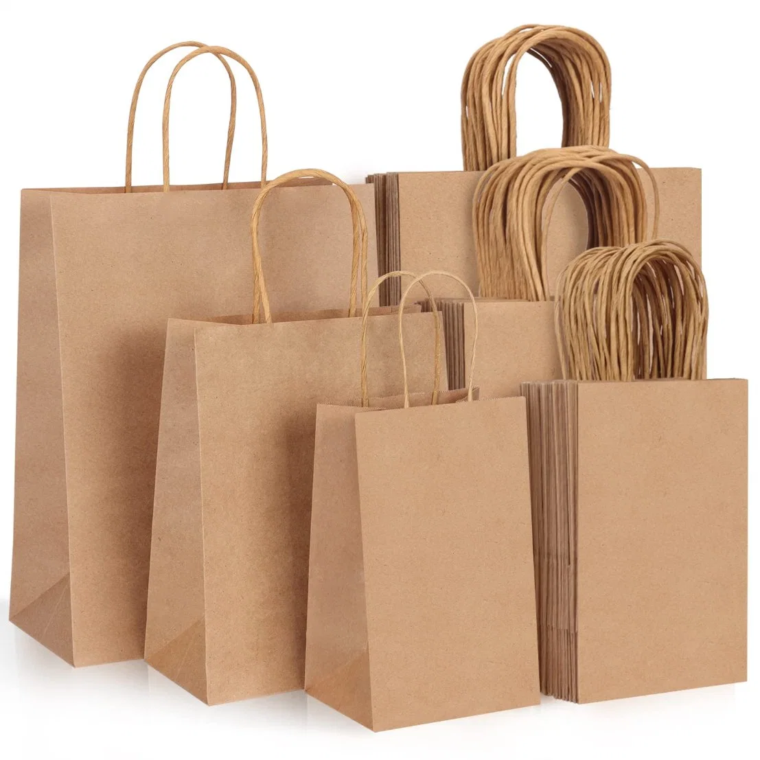 Llanura pequeñas bolsas de regalo papel natural con asas a granel, bolsas Kraft para cumpleaños Cotillón Tiendas de Comestibles bolsas Goody de negocios