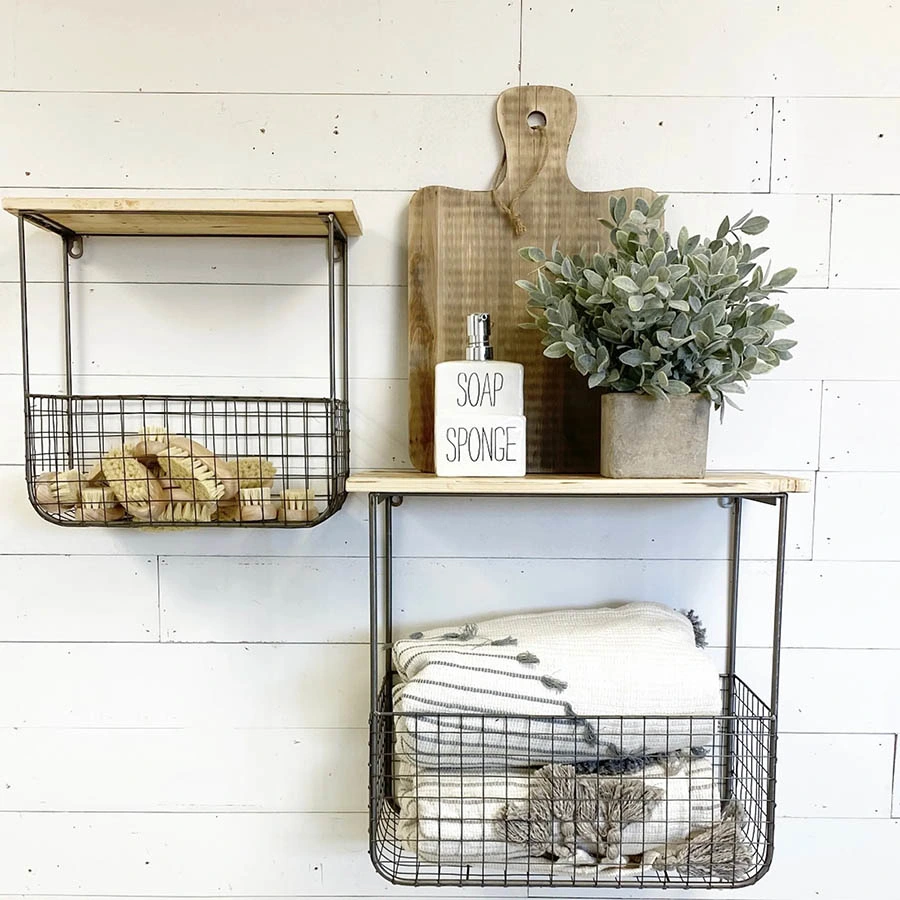 Set of 2 Metal Wire Storage Basket with Recycled Wood Top