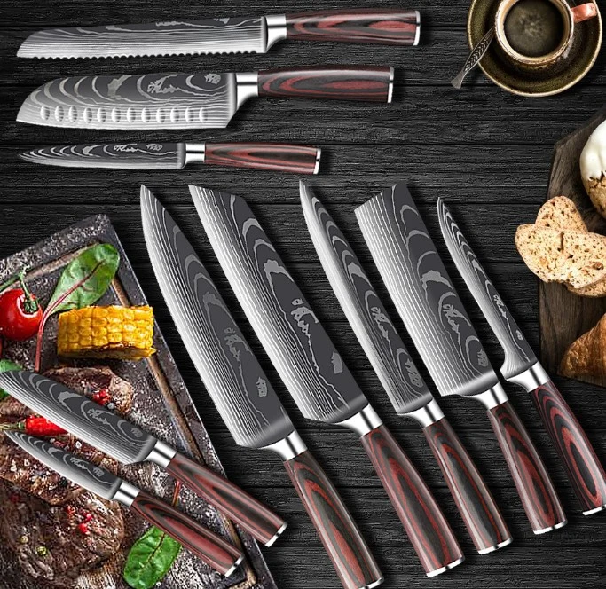 9PCS Sharp Wooden Stainless Steel Santoku Chef Modern Knives Kitchen Knife Set
