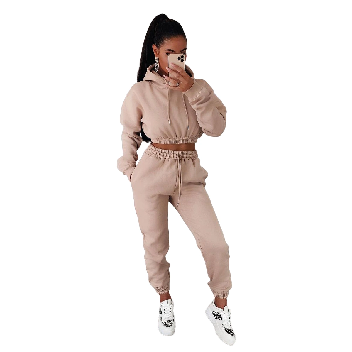 L286105 Women Winter Clothes Casual Khaki Thick Hooded Sweatpants Two Piece Outfits Set