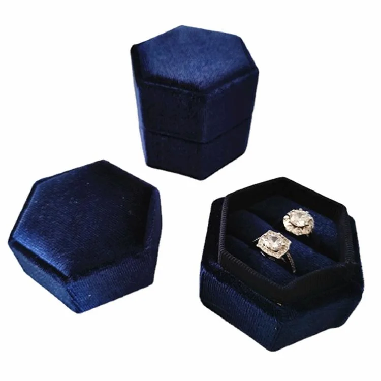 Double Rings Smooth Silk Velvet Dark Blue Custom Jewelry Box in Stock