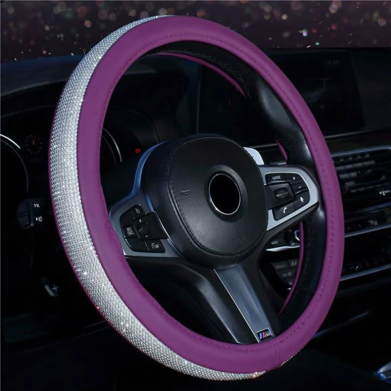 Interior Charm Short Plush Rainbow White Green Blue Shining Diamond Rhinestones Crystal Bling Car Steering Wheel Cover for Women