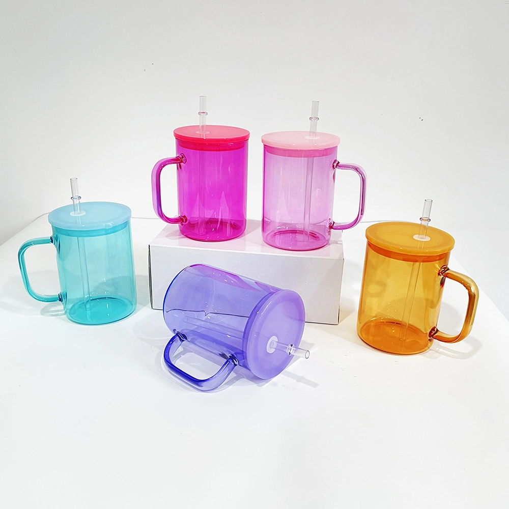 Wholesale/Supplier USA Warehouse Colorful Jelly 17oz Blank Sublimation Clear Hot Chocolate and Coffee Colored Glass Mugs Colored with Plastic PP Lid and Straw