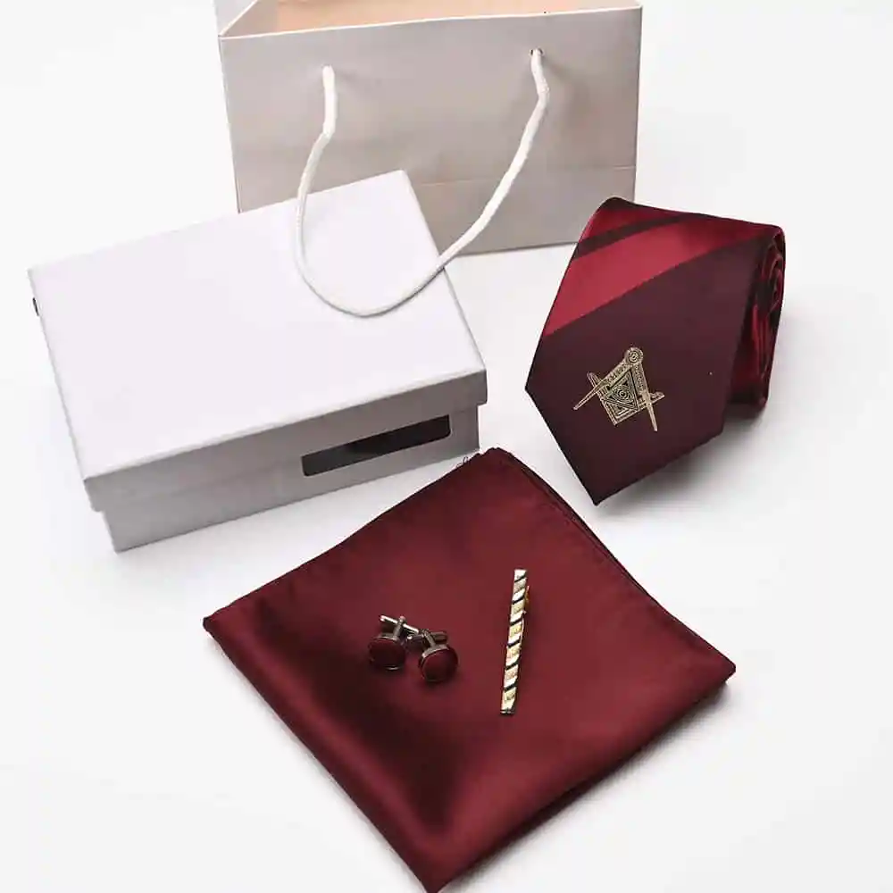 Custom Premium Masonic Gift Package Set - Polyester Necktie, Pocket Square, Cufflinks, and Lavalier