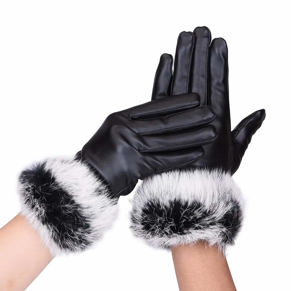 Wholesale/Supplier Custom PU Leather Touchscreen Windproof Waterproof Women Rabbit Fur Gloves