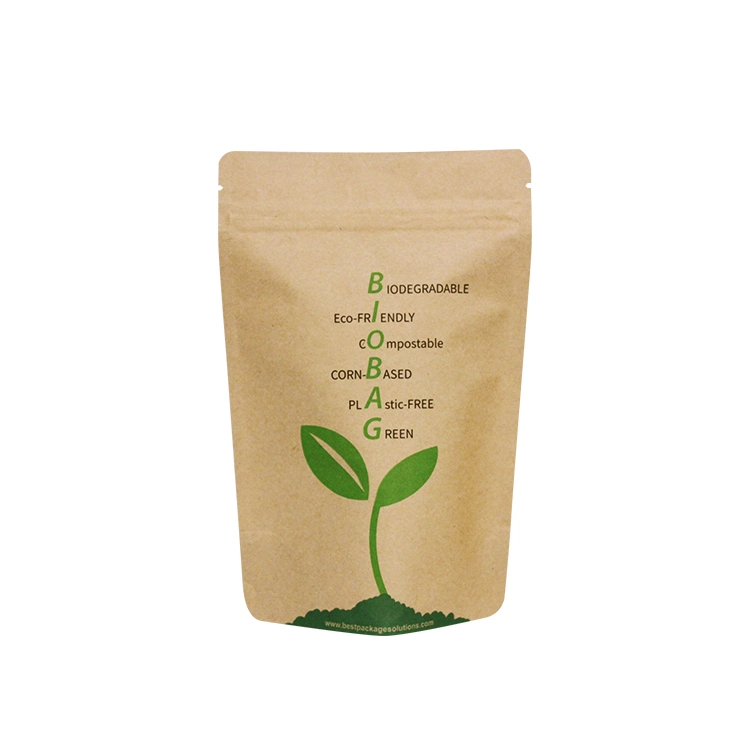 Custom 100% Biodegradable PLA Eco Friendly Compostable Food Grade Snack Standup Kraft Bag Ziplock Zipper Stand up Paper Pouch