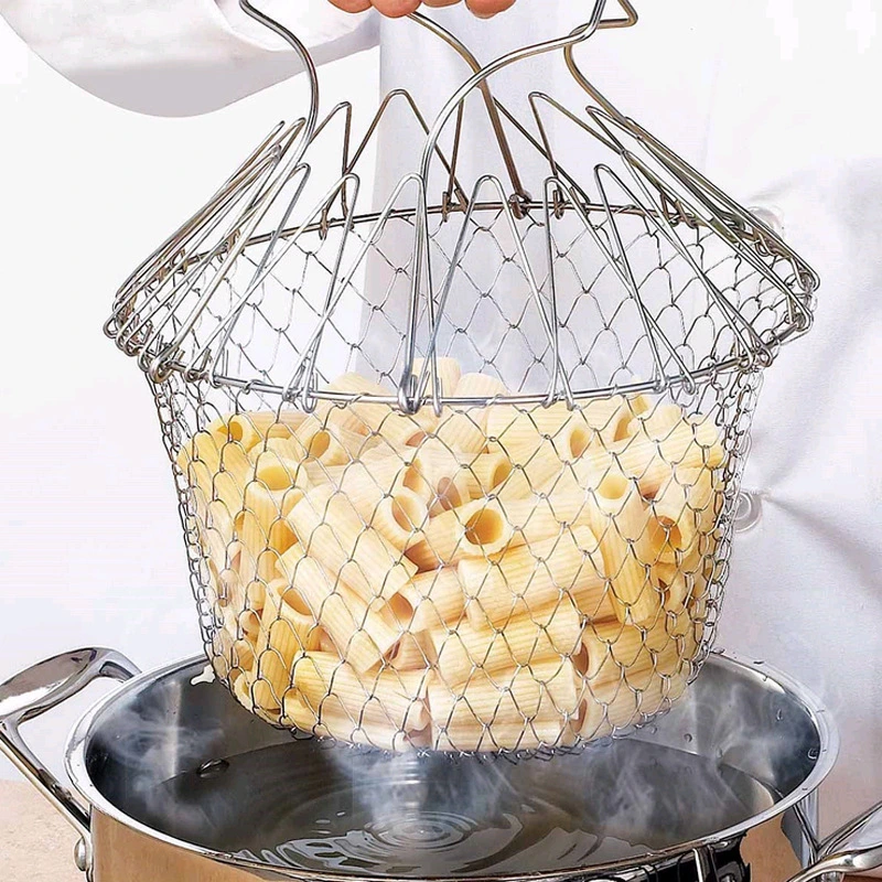 Multi-Function Fold Basket Stainless Steel Foldable Fry Basket Chef Telescopic Basket Fried Filter Drainage Rack for Fried Food or Fruits Esg13865