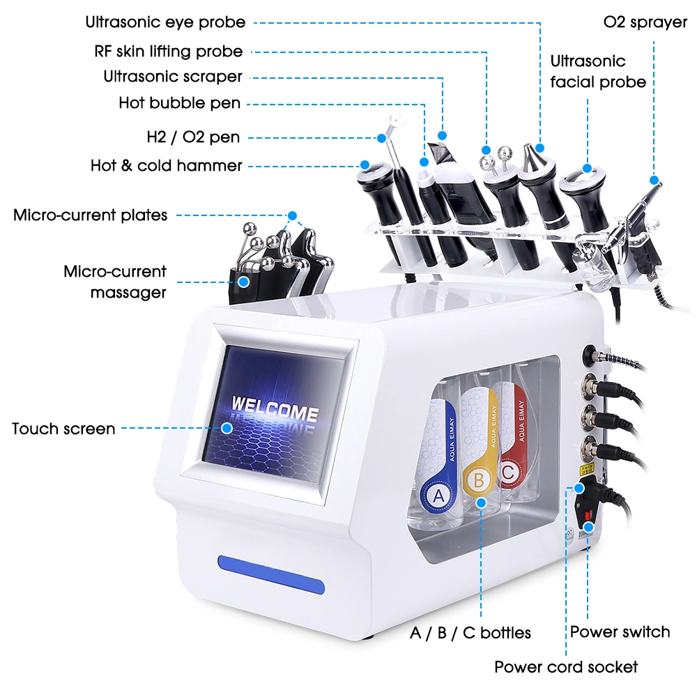 10 en 1 Injection d'oxygène de l'eau hydrostatique de la machine H2O2 la levée du visage de la machine de nettoyage