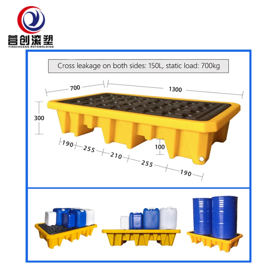 1300*700*300 mm Factory Hot Sale Poly Polyethylene Spill Plastic Pallet 4 Drum Secondary Containement Metal