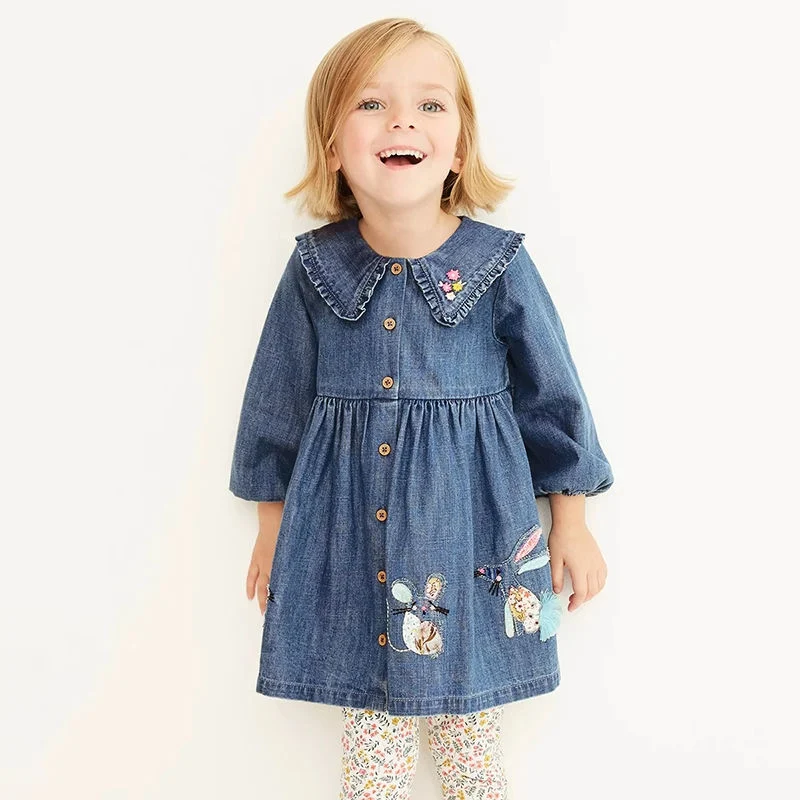 Girls Cotton Lovely Design Sweet Dress Soft and Comfortable Long Sleeve Wholesale/Supplier Baby Denim Dress for Spring and Autumn