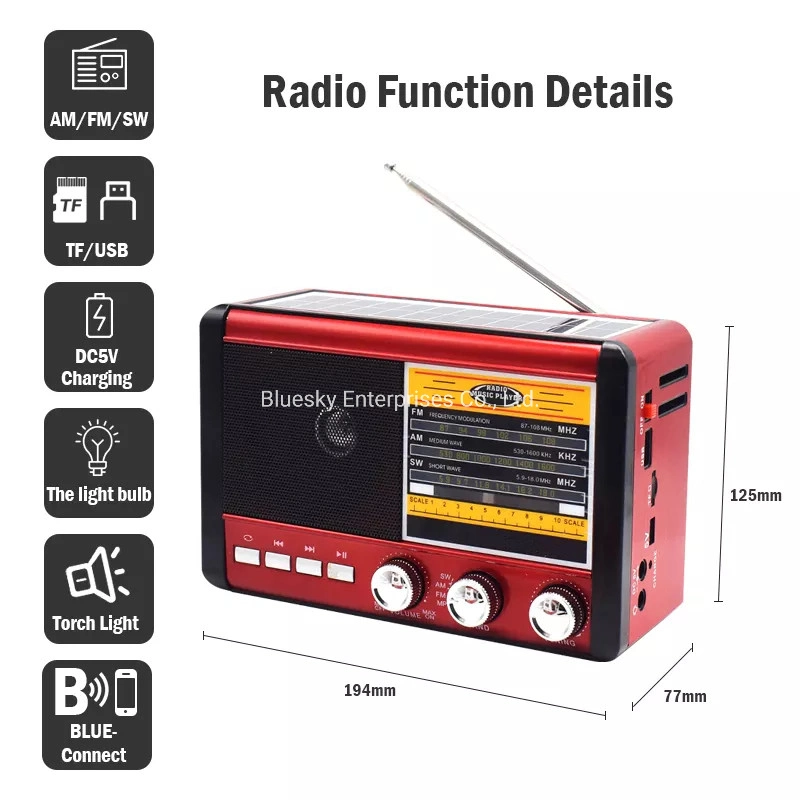 Tw658bts Fabrik Großhandel/Lieferant tragbare FM am SW Mini-Radio-Frequenz Maschine mit LED-Taschenlampe und Solar-Panel Bluetooth-Lautsprecher