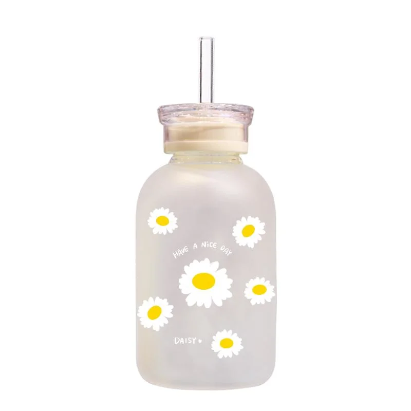 Hot Sale 480ml Little Daisy Flower Printed Juice Coffee Colorful Measuring Cups Frosted Clear Glass Tumbler Lid Cup with Lid and Straw