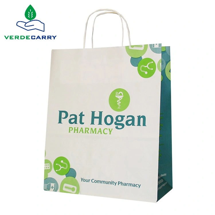 Custom Printed Logo Pharmacy Medical Sickness with Handles Carrier White Kraft Paper Bags for Medicine
