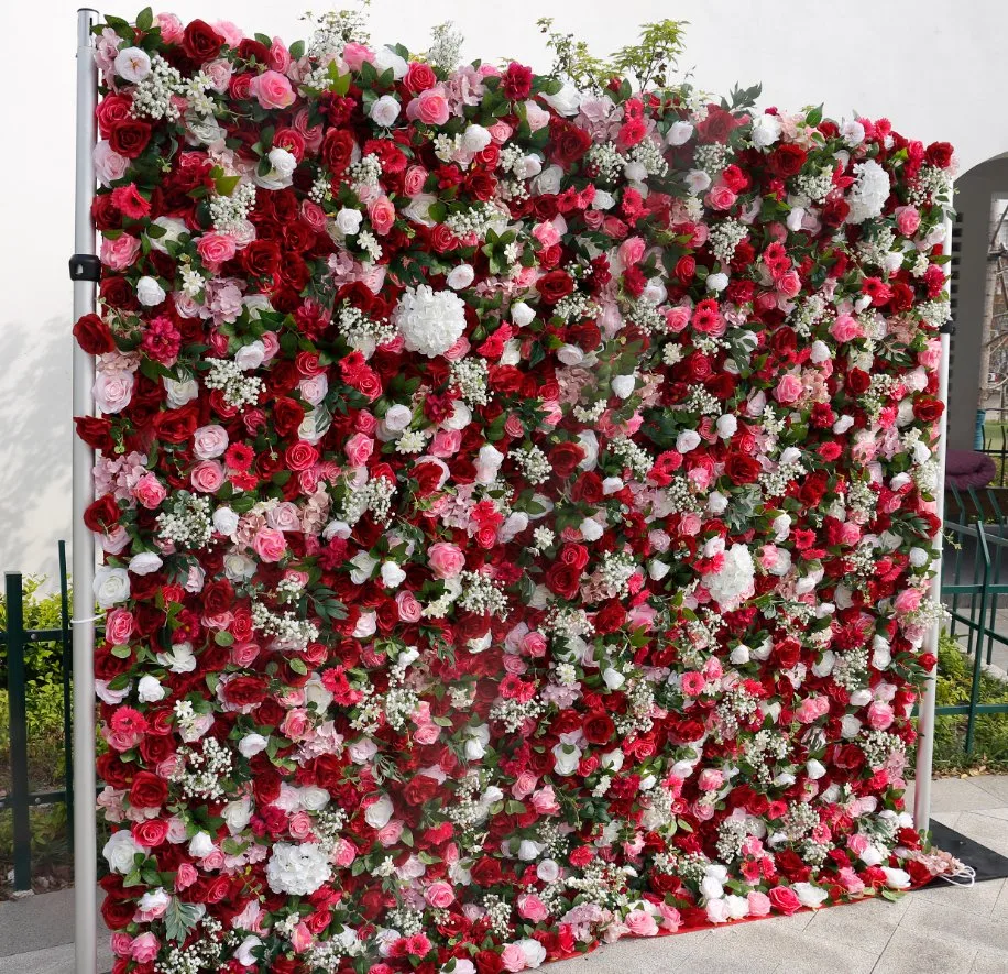 Stoff Künstliche Blume Wand Rose Hydrangea Mix Flower Panel Roll Up Customized Blume für Hochzeitsdekoration