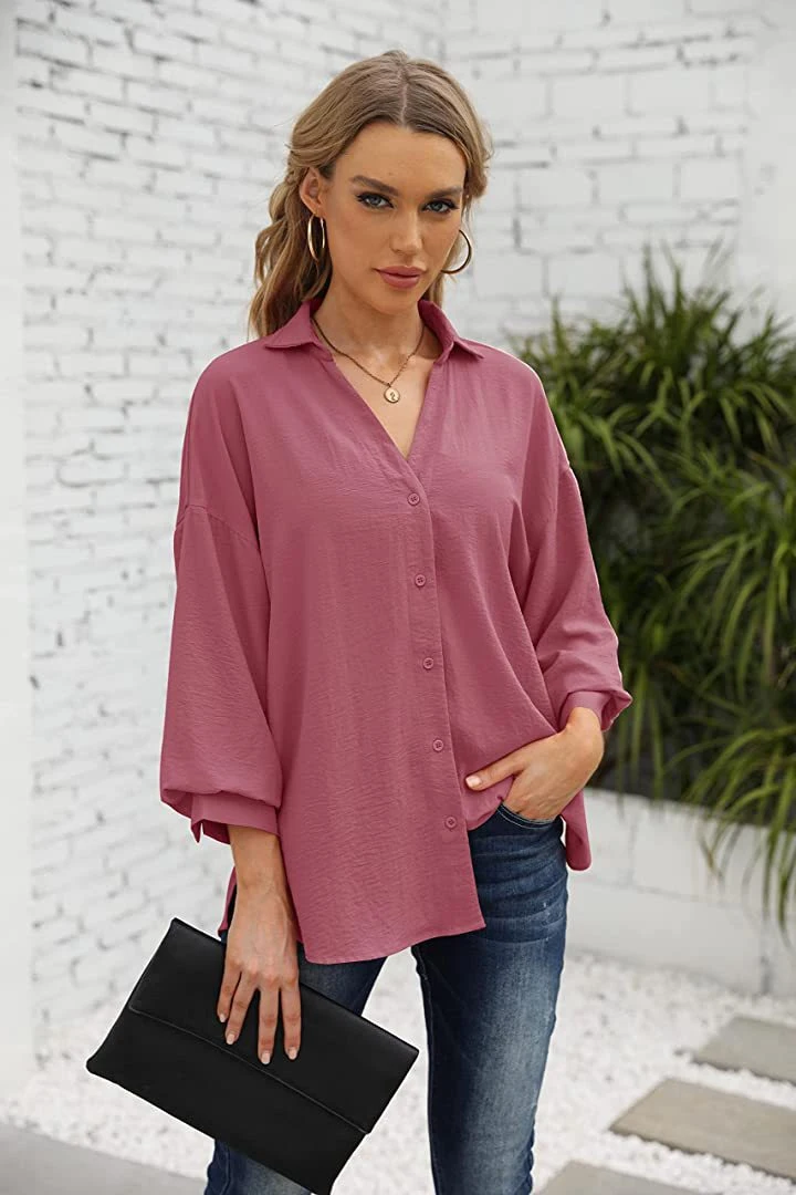 High quality/High cost performance  Casual Solid Color Chiffon Shirt Lantern Sleeve Tops Loose Blouse