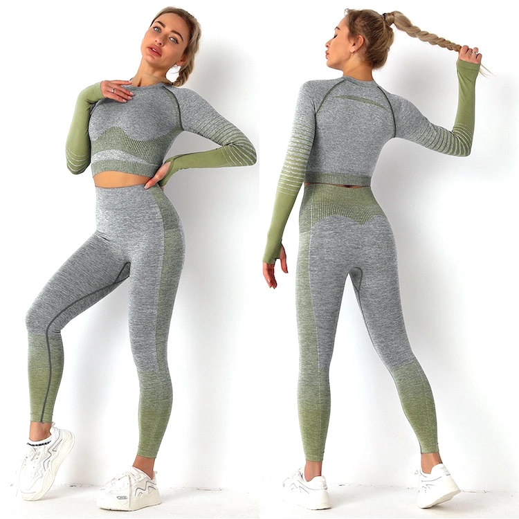 Hot Fashion Gray + Gradient Stripes Long Sleeve Seamless Gym Sports Wear for Female, Custom Sexy Activewear Butt Lift Leggings and Crop Top Running Sweat Suit