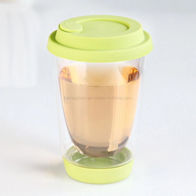 Eco Friendly Hand Blown Borosilicate Glass Reusable Clear Custom Thermal Insulated Coffee Travel Mug with Lid
