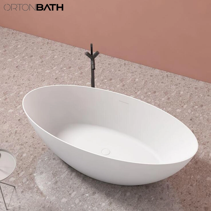 Ortonbath Oval Oliver Shape Irregular Shape Large Adult Bathroom Tub Acrylic Solid Surface Bathtub Freestanding Deep Soaking Bathtub with Center Drain Overflow