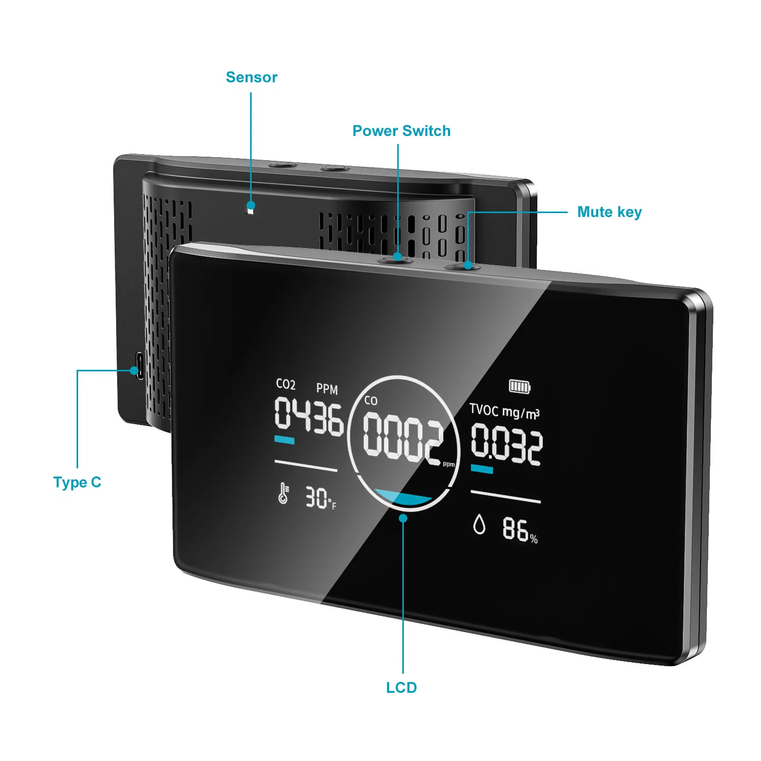 2023 Co Tvoc Monitor Interior Testador de medidor de monóxido de carbono de umidade de temperatura ar-ar Detector de qualidade