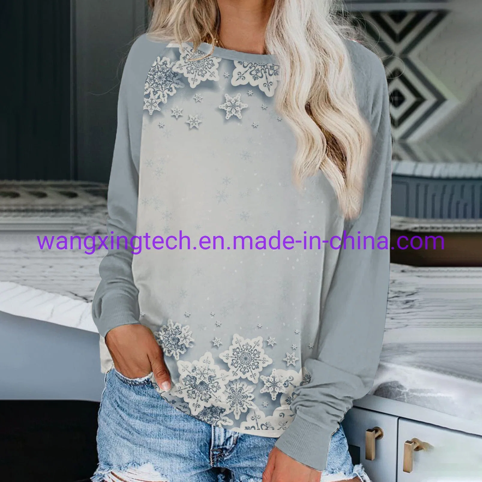 Großhandel 2022 Herbst und Winter Neue Frauen Weihnachtsjacke Druck 3D Pullover Lässiges Langarm-Shirt mit Rundhalsausschnitt