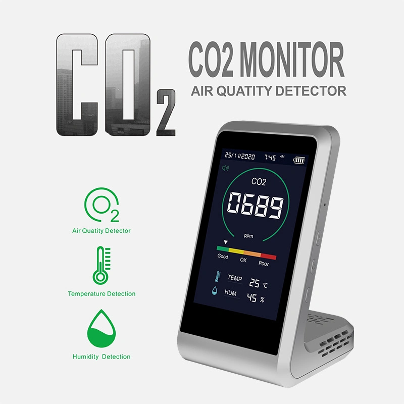 FCC, CE Certificación RoHS pantalla digital LCD de alta precisión, Detector de humedad y temperatura interior monitor de CO2 con función de alarma