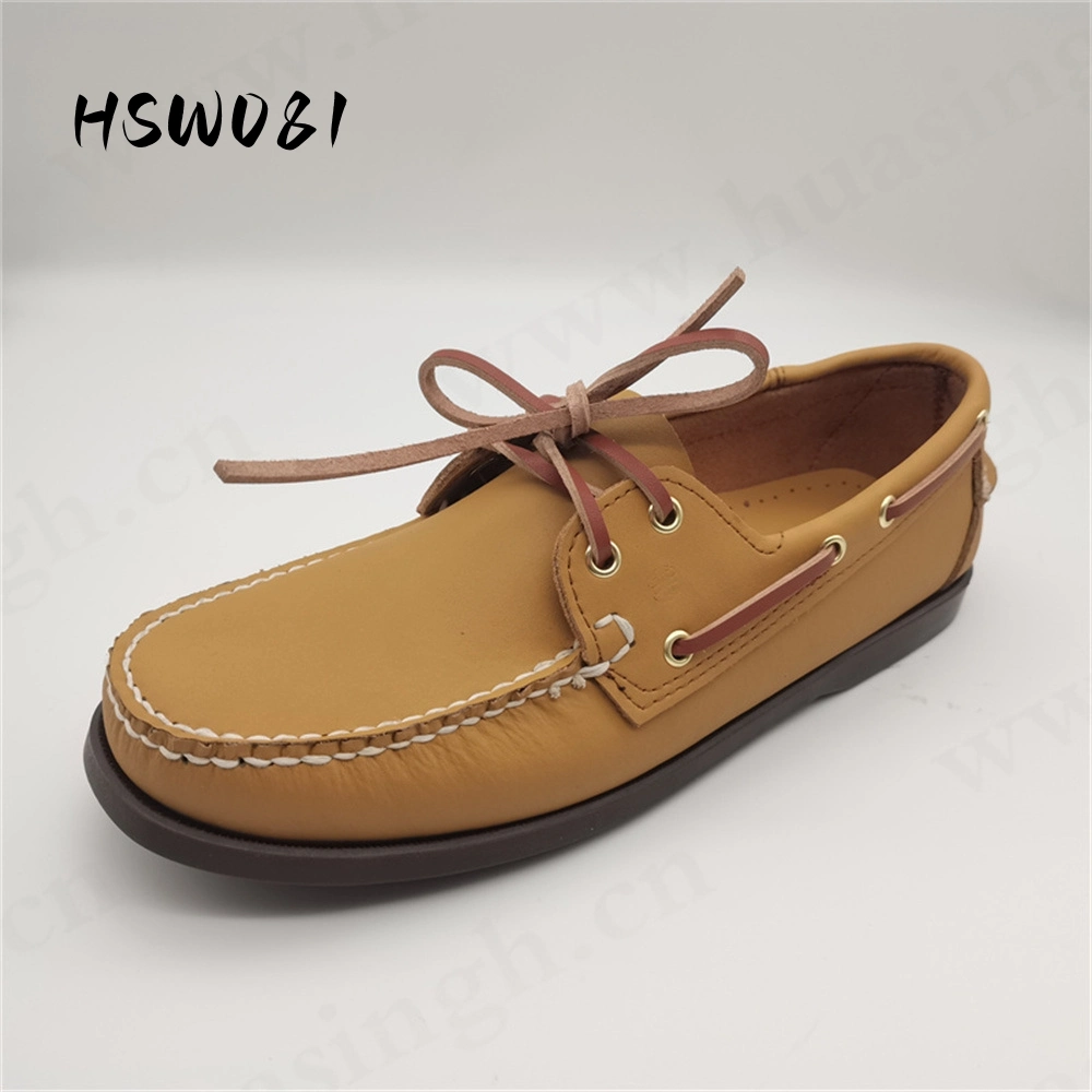 Ywq, Premium Soft Prue hecho a mano Full Leather Fashion Peash Shoe 2023 Nuevo estilo Lace-up Anti-Slip Rubber suela exterior Honey Color Boat Shoe Hsw081