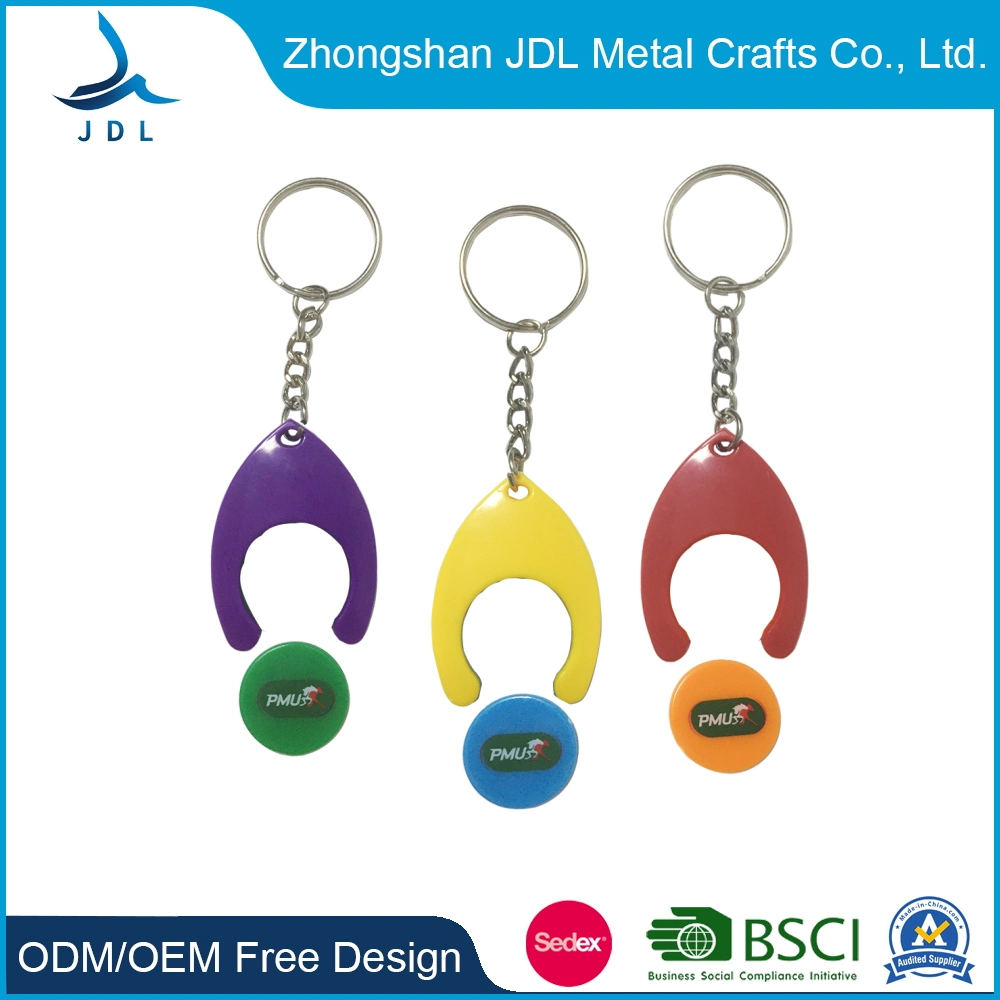 New Style Customized Logo Trolley Plastic Caddy Printed Iron Stamped Round Metal Supermarket Shopping Use Key Chain Token Coin Keychain