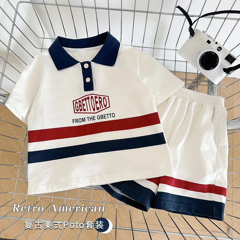 2023 Summer New Children's Children's American Vintage Polo Shirt Suit Boys Hit The Colour Letters Short Sleeve