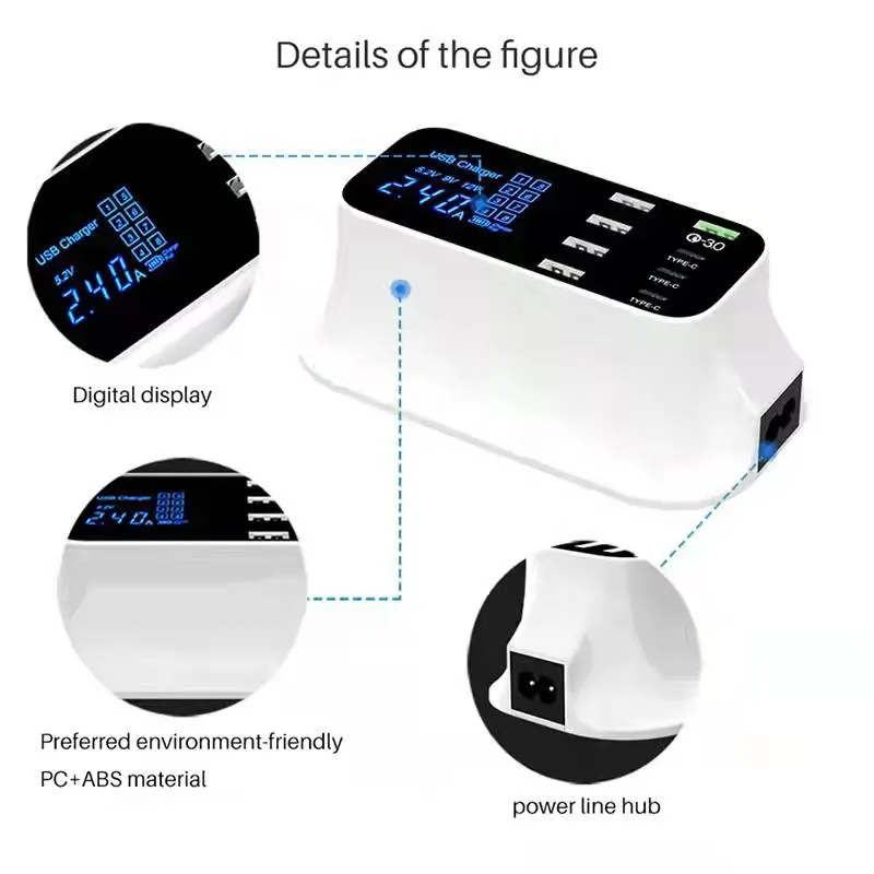 chargeur USB multiples, 8 ports Station de charge de bureau avec une charge rapide 3,0 port USB, Port de type C et écran LCD pour les téléphones intelligents, comprimé et plus