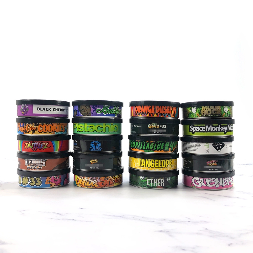 3.5g Pressitin Tuna Cans Strain Stickers Dry Herb Flower Tobacco Round Storage Box Black Lid Customize