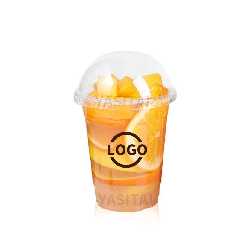 Copos descartáveis de plástico transparente para café gelado, bubble tea, leite com boba, smoothie com tampas planas ou tampas em formato de cúpula com logotipo personalizado.