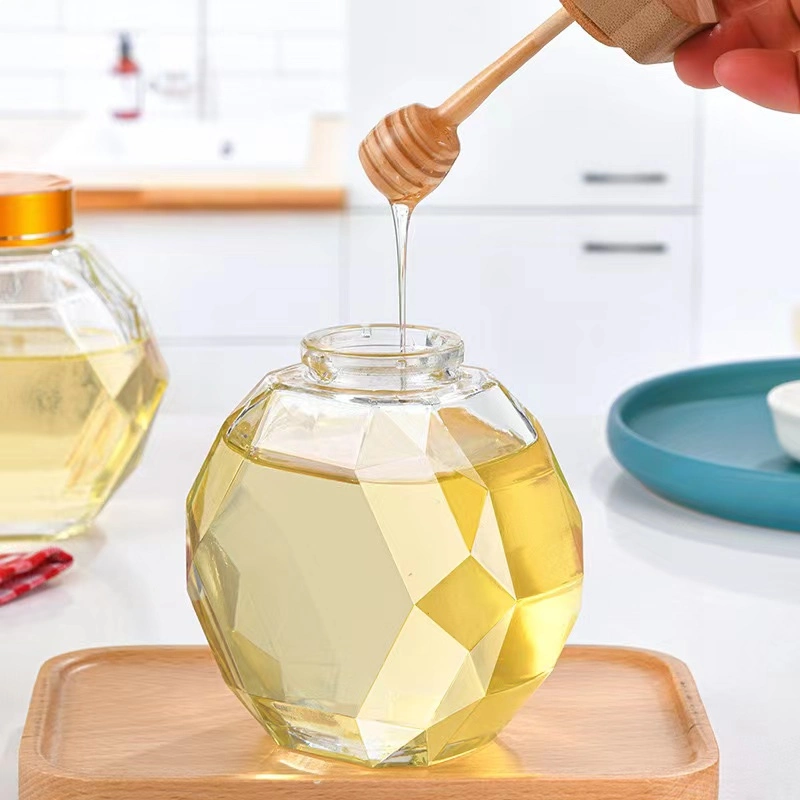 Huajing Pot de miel hexagonal vide avec bouchon en bois, emballage en verre de qualité alimentaire, boîtes scellées de pots de miel hexagonaux.