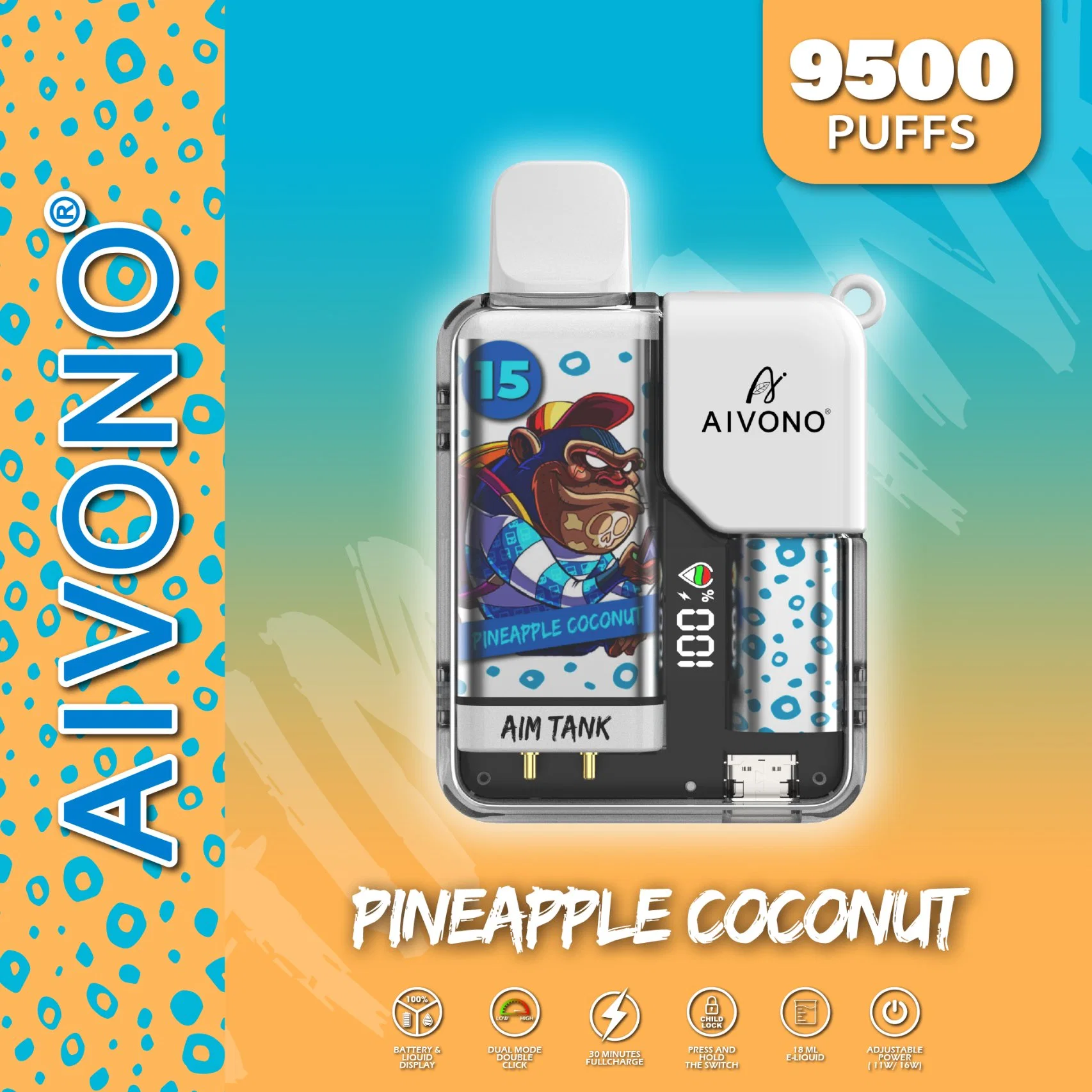 Aivono Aim Tank 9500 Puffs 15 Flavors 0% 2% 3% 5% Nicotine Kids Lock with Color Display Adjust Power Factory Disposable/Chargeable vape Vape