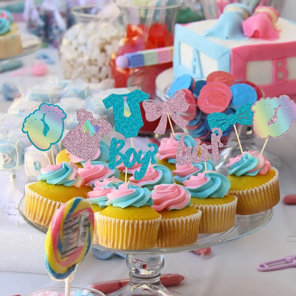 24 pcs Garçon ou fille Cupcake Toppers Glitter empreinte Onesie Jumpsuit le filtre Bow Tie Cupcake Picks bébé douche Kids anniversaire sexe révèlent partie décorations de gâteaux l'approvisionnement