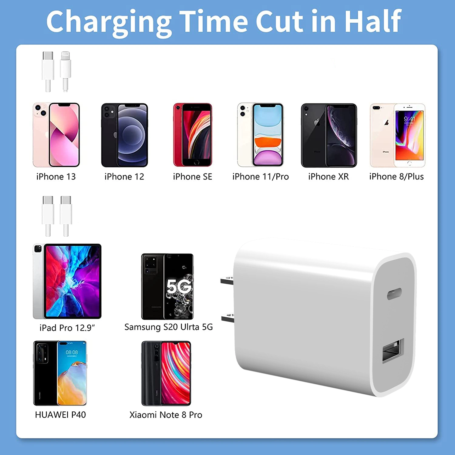 Us/UK/EU Plug 40W Fast Charging Phone Adapter Pd 20W Mobile Phone Charging Adapter QC3.0 20W Cell Phone Adapter for Samsung iPhone USB Wall Adapter