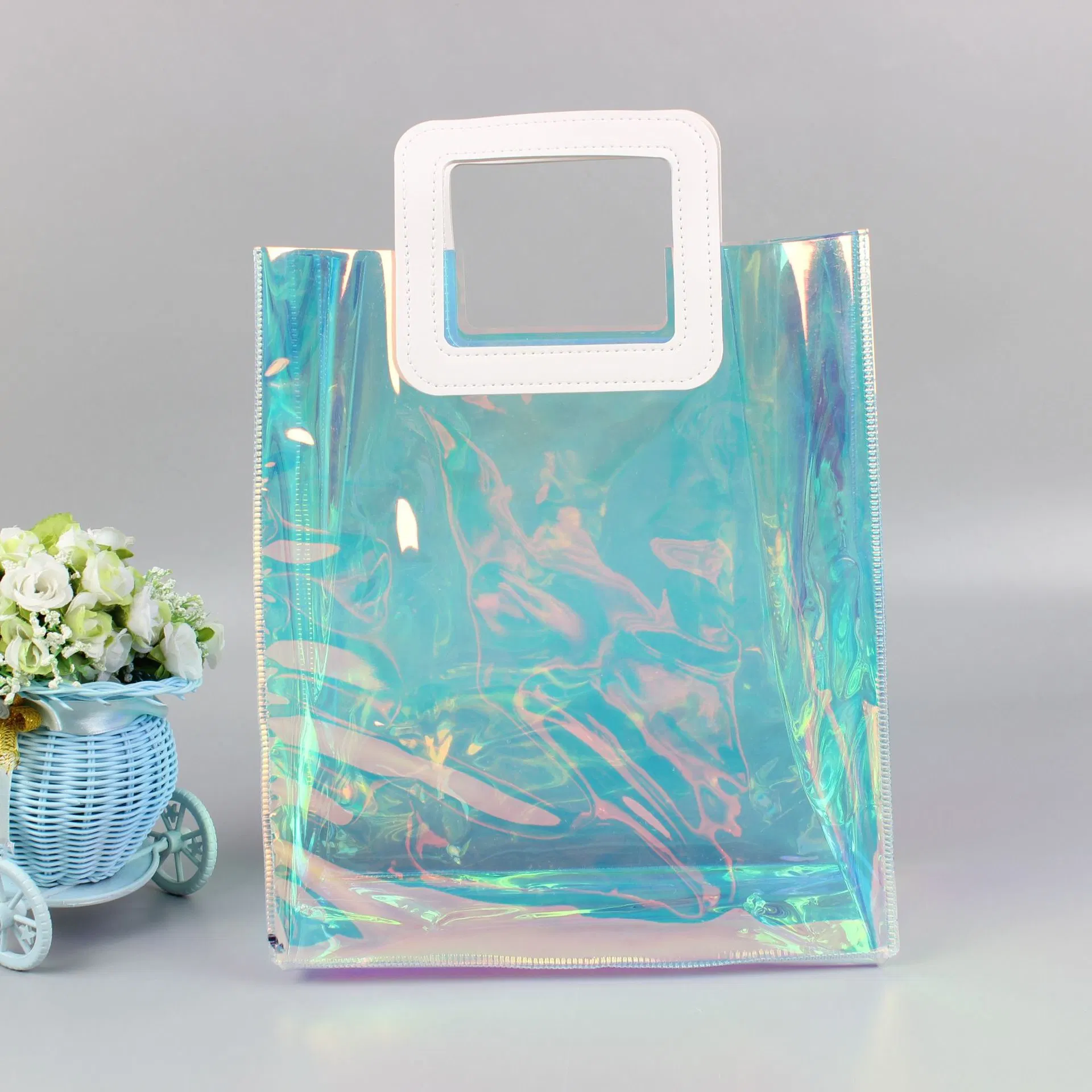 Fashion Customized Shinning Lady Transparent PU Handbags Clear Laser Women Tote Beach Bag