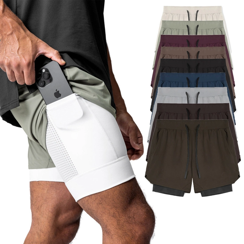 Shorts de course à poches zippées à séchage rapide à deux couches très demandés pour hommes, short de tennis athlétique 2 en 1 avec plusieurs poches + boucle pour serviette, vêtement de sport pour salle de sport.