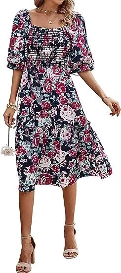 Ladies Fashion Short Sleeve Floral Skirt Square Collar Pleated Design Holiday Style Long Dress