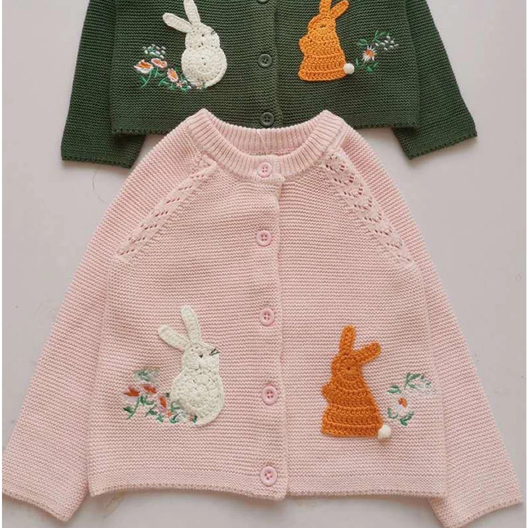 100%Organic Cotton Raglan Children&prime; S Cardigan Rabbit Handmade Sweater