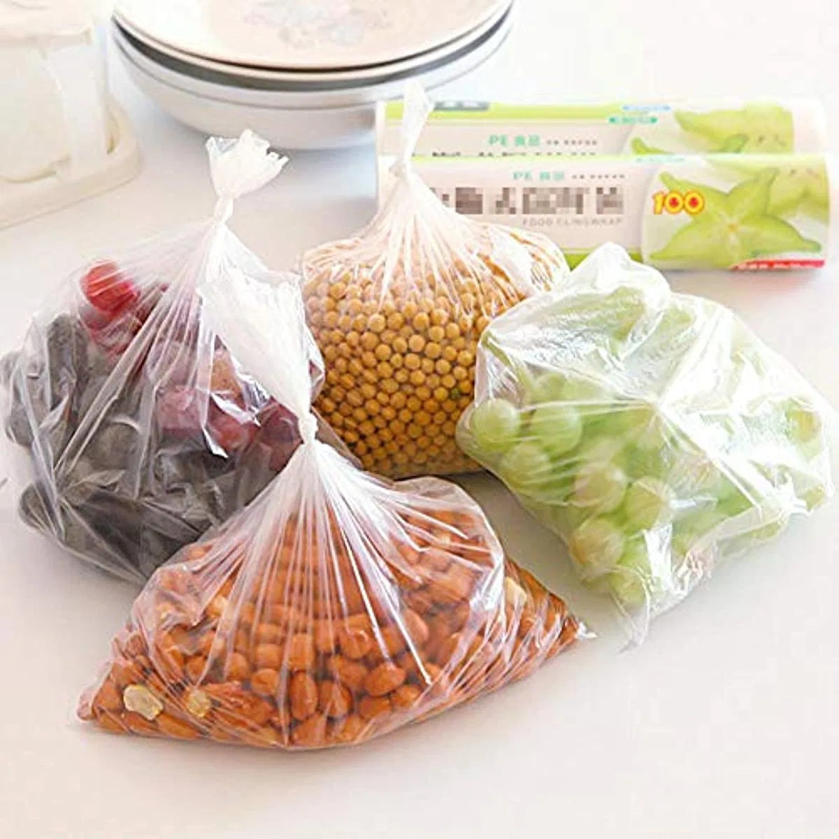 Plastic Produce Bag on a Roll, Clear Food Storage Bags for Bread Fruits Vegetable