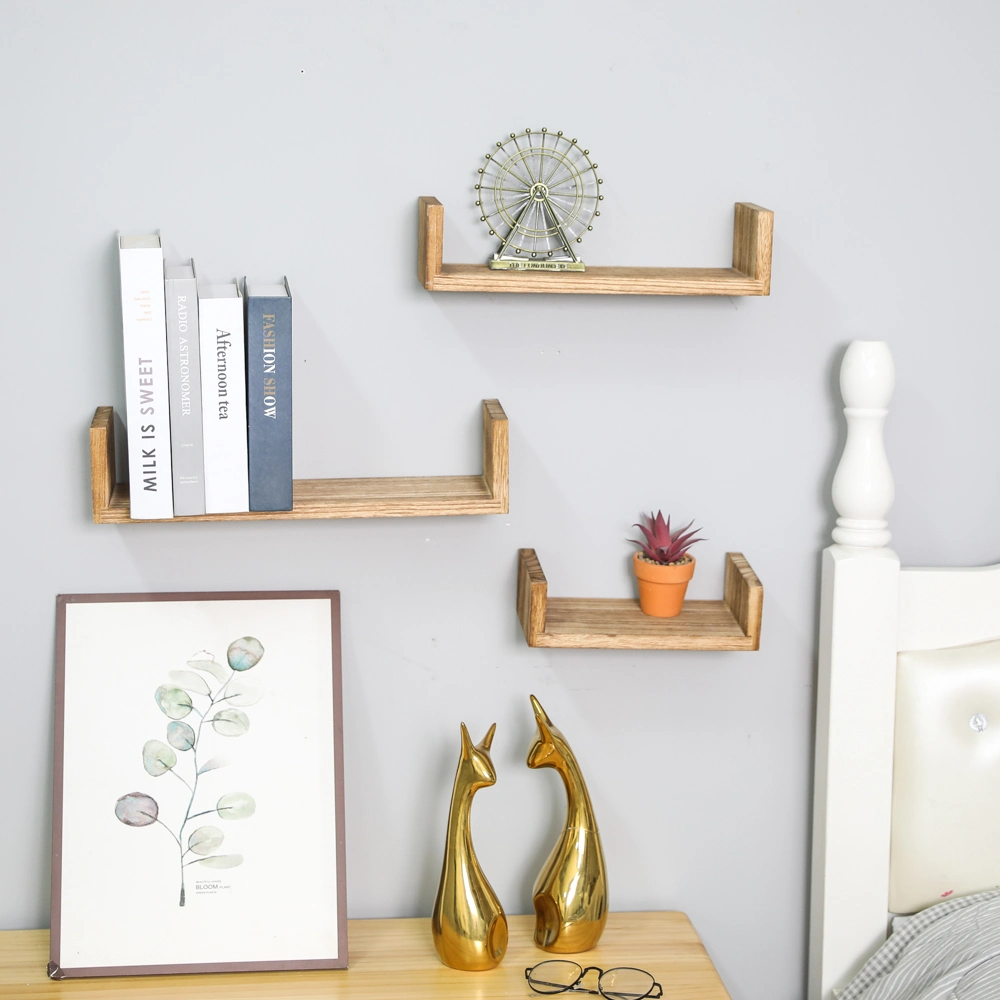 Natural Wood Handmade Wall Hanging Book Shelf Set Wooden U Shape Wall Mounted Rack for Home Decoration