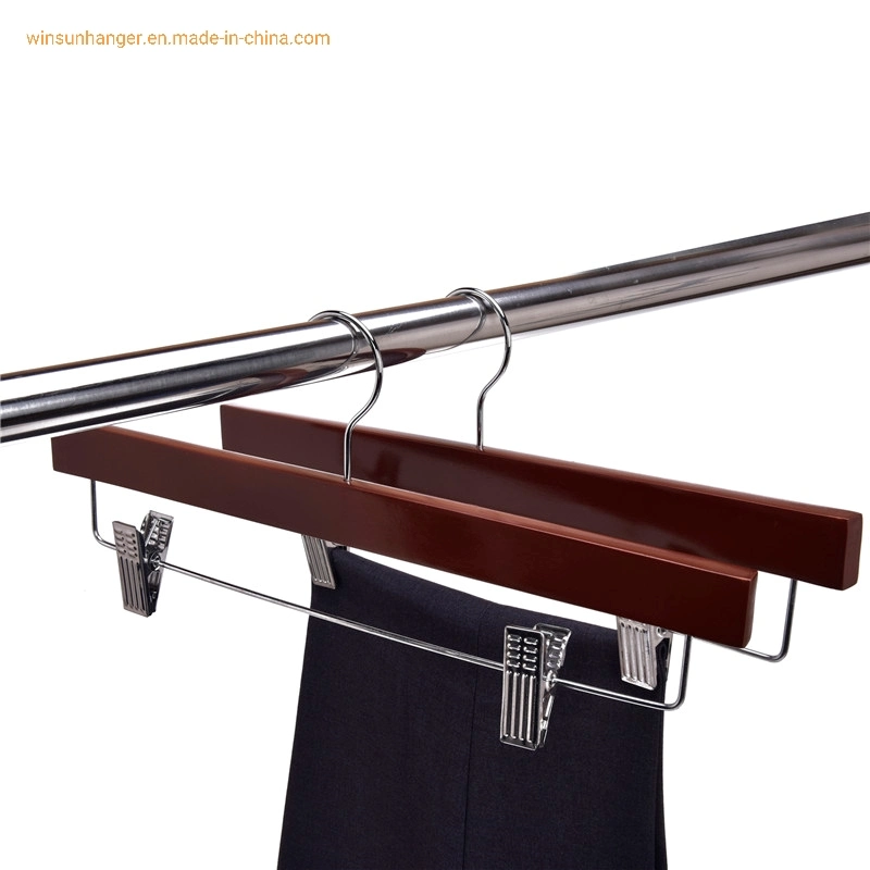 Fashion Solid Wood Clothes Pants Wooden Cheap Hangers with Metal Anti-Slip Clip