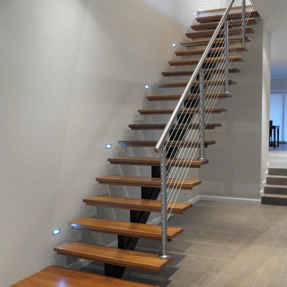 Cable Railing Steel Stringer Wood and Glass Staircase