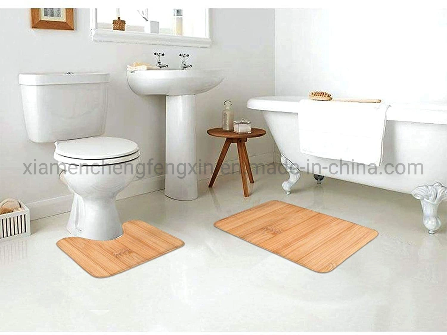 Alfombrilla de baño de madera de bambú 2 piezas Juego de alfombra de baño alfombrilla de baño suave + almohadillas de contorno, baño de alfombra absorbente y alfombrilla Anti-Slip juego de almohadillas