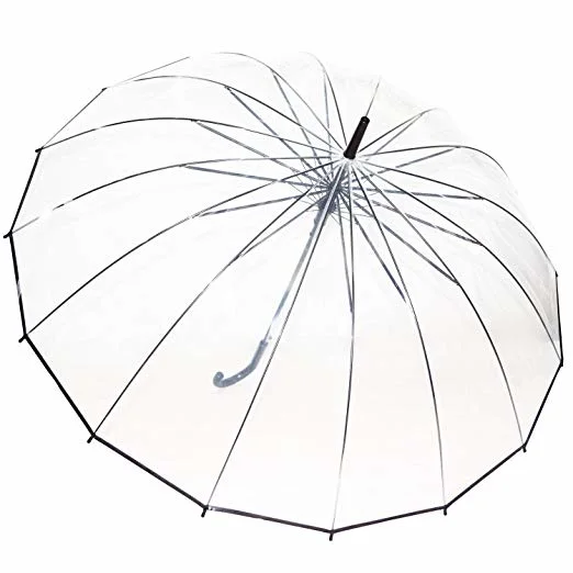 Poe Plastic Black Trim 16 Ribs Transparent Umbrella with Curved Handle